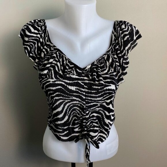 Zara Women's Black & White Pleated Ruffle Sleeveless Crop Top Cinch Waist Tie S - Picture 1 of 7